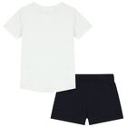 Girls White & Navy Blue Logo Shorts Set, 2, hi-res