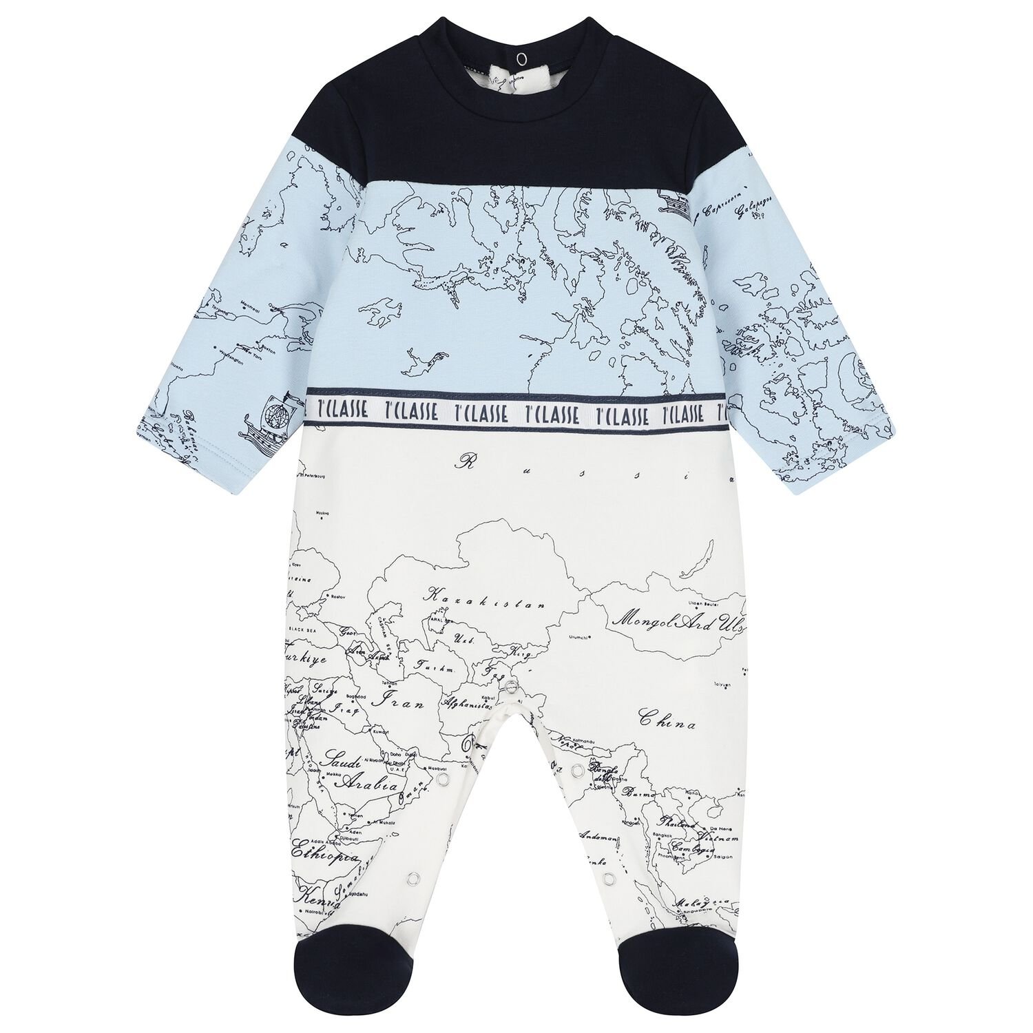 Baby Boys Blue & White Geo Map Babygrow, 1, hi-res