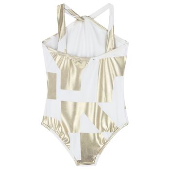 Girls White & Gold Logo Swimsuit