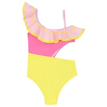 Girls Pink & Yellow Ruffle Swimsuit