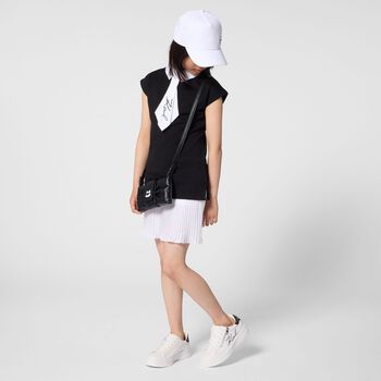 Girls Black & White Pleated Crepe Dress