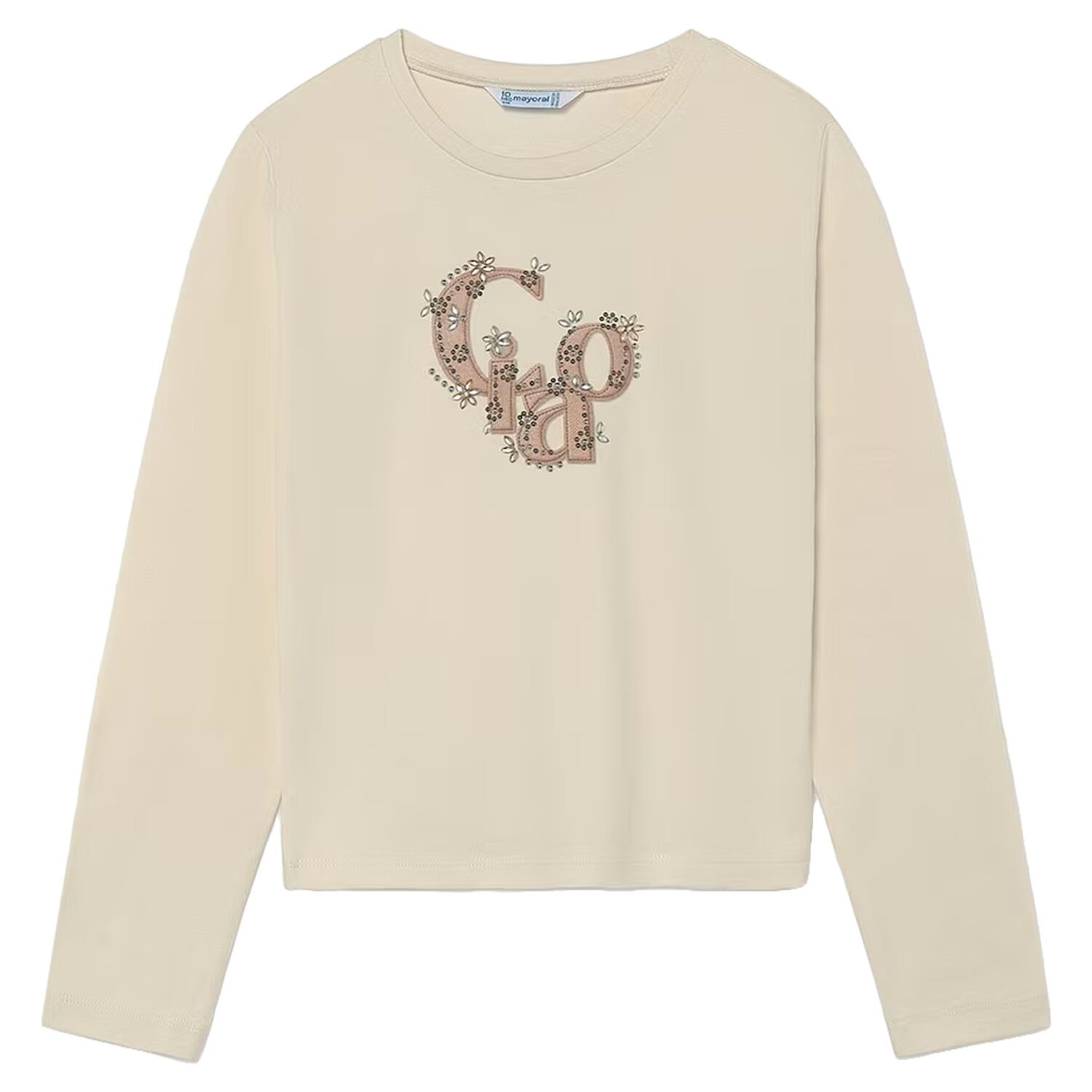 Girls Beige Embellished Long Sleeve Top, 1, hi-res