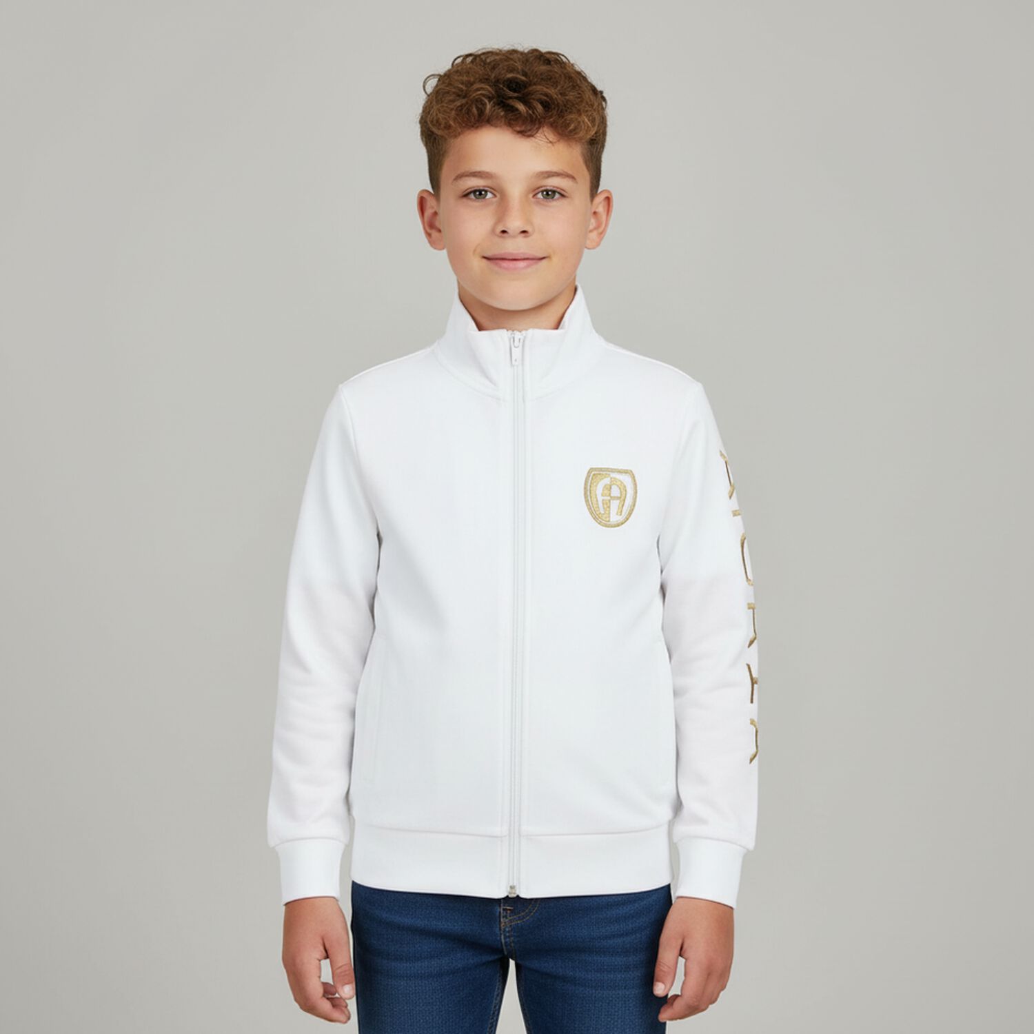 Boys White Logo Zip Up Top, 1, hi-res
