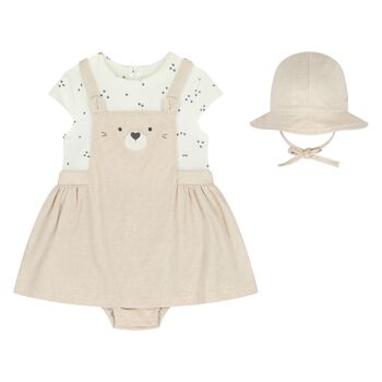 Baby Girls Beige & Ivory Teddy Bear Dungaree Dress Set