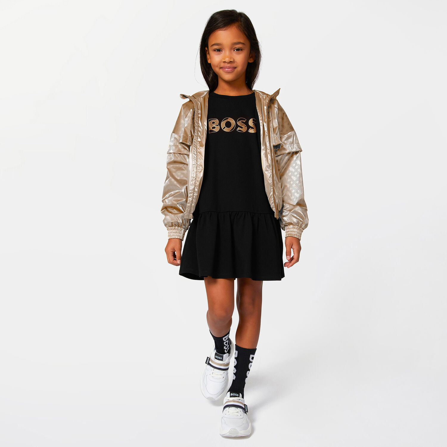Girls Black Logo Long Sleeve Dress, 1, hi-res