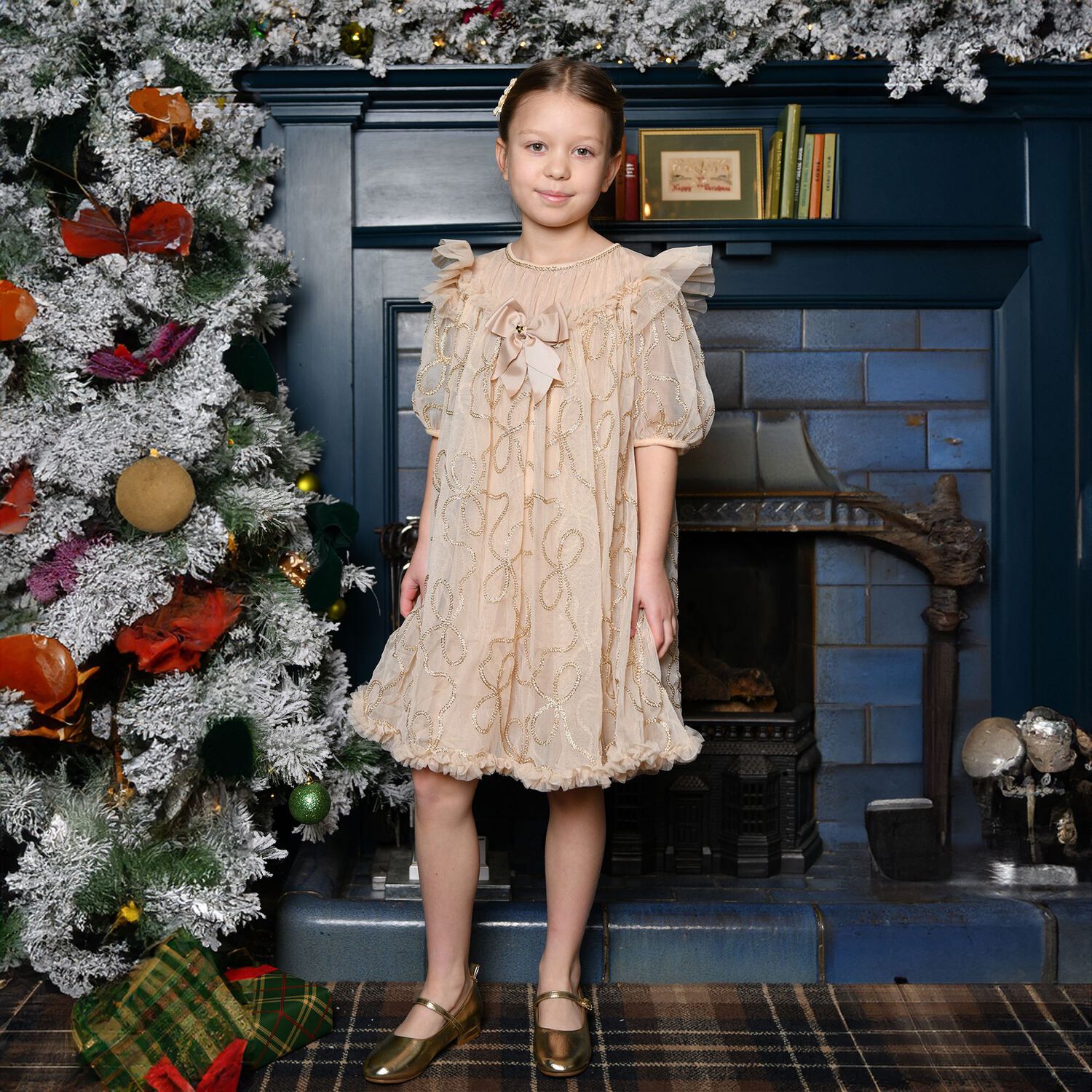 Girls Beige 3D Chain Tulle Isabella Dress, 1, hi-res