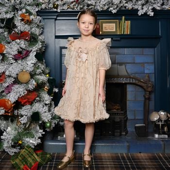 Girls Beige 3D Chain Tulle Isabella Dress