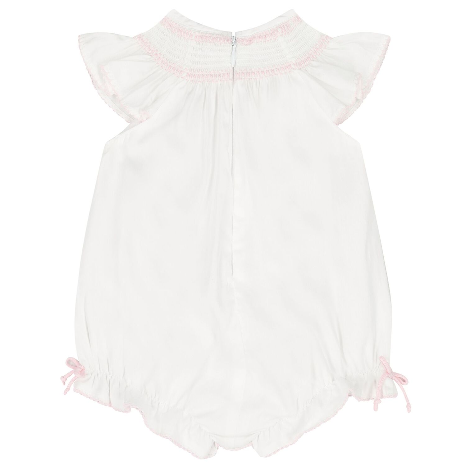 Baby Girls White & Pink Bow Romper, 1, hi-res