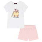 Girls White & Pink Teddy Bear Logo Pyjamas, 1, hi-res