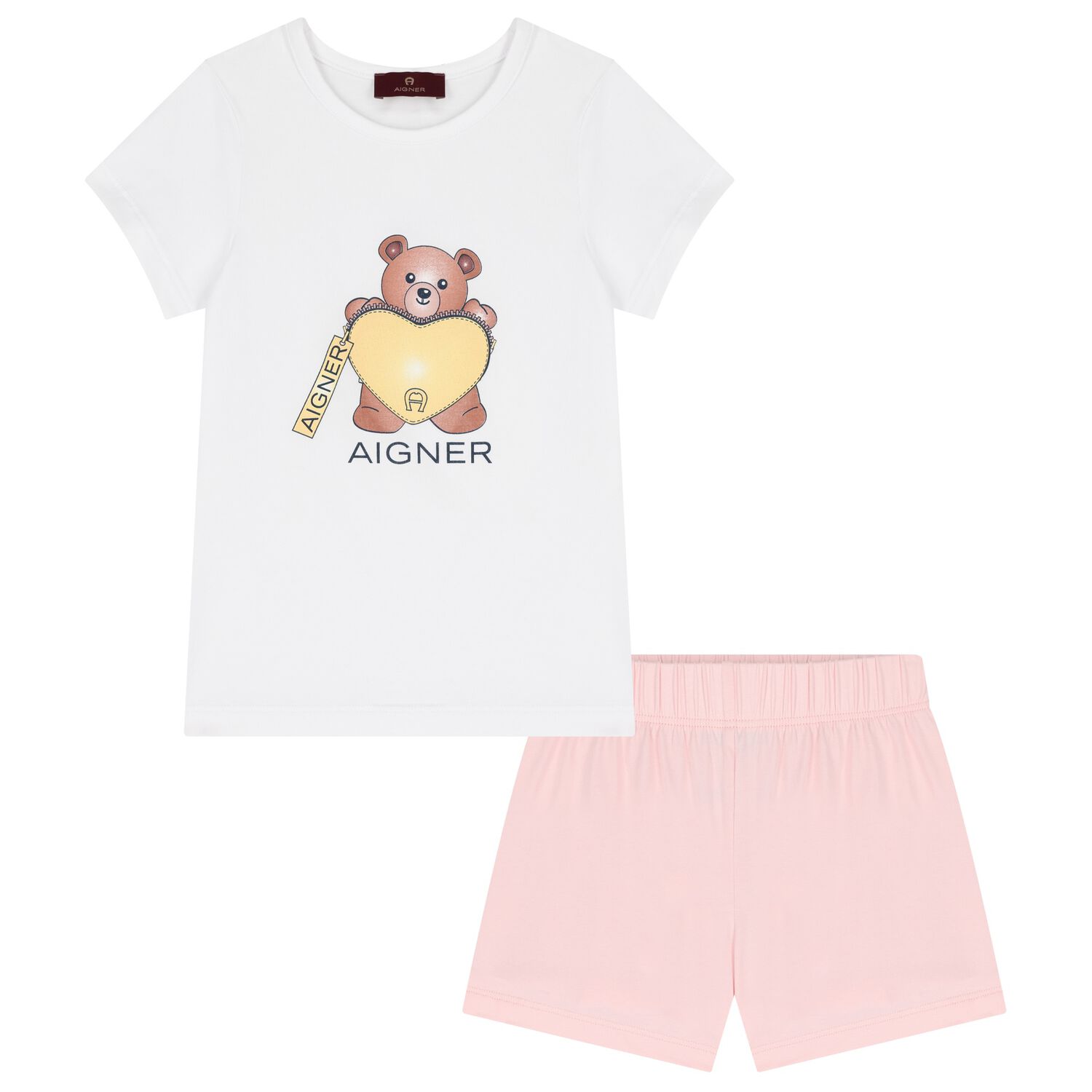 Girls White & Pink Teddy Bear Logo Pyjamas, 1, hi-res image number null