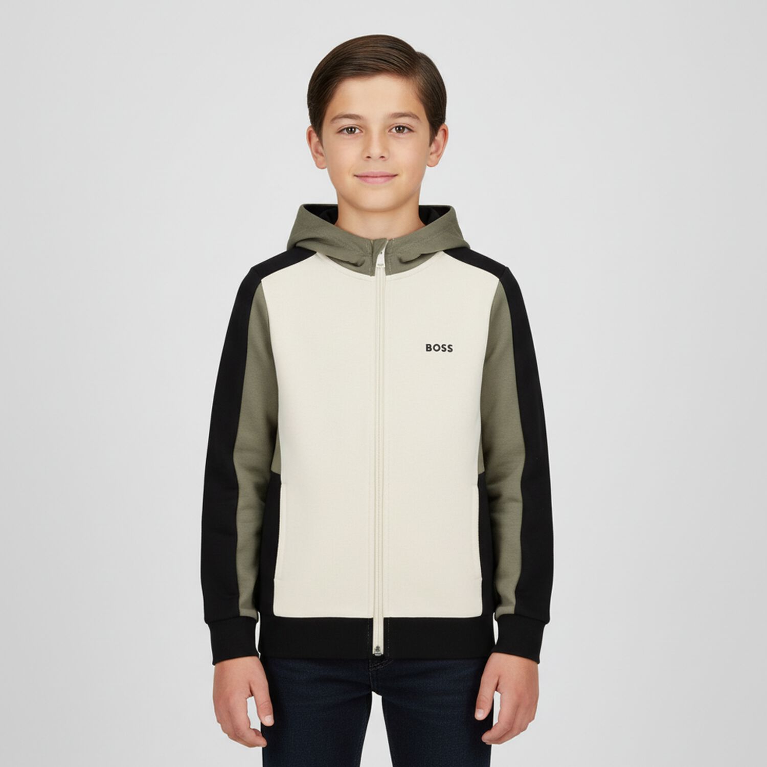 Boys Ivory, Green & Black Logo Hooded Zip Up Top, 2, hi-res