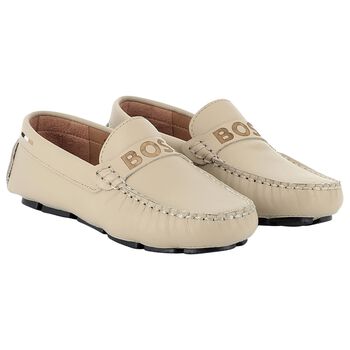 Boys Beige Logo Moccasins