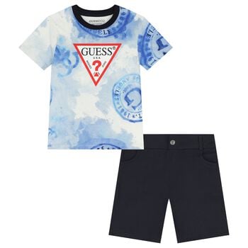 Boys White, Blue & Navy Blue Logo Shorts Set