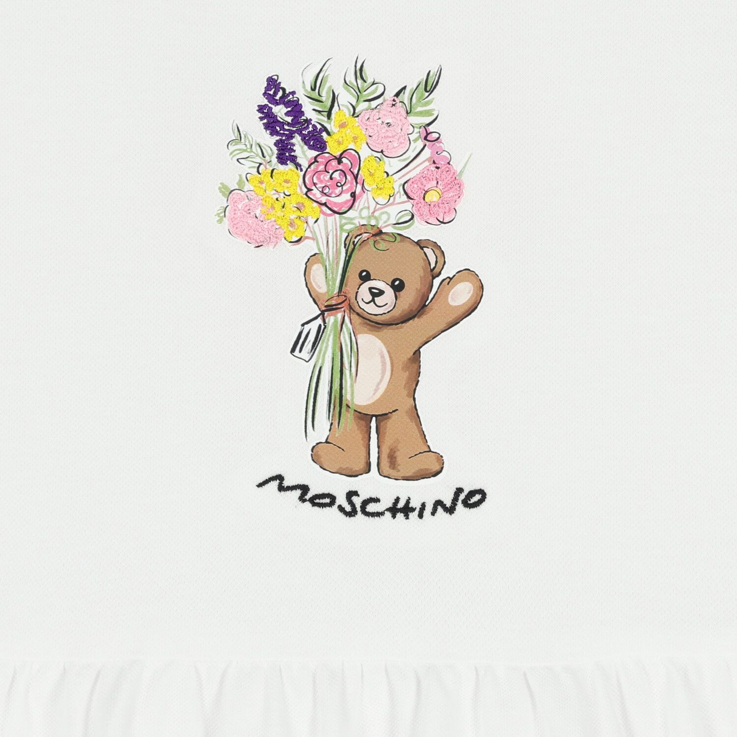 Girls White Teddy Bear & Flowers Dress, 1, hi-res