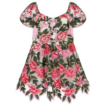 Girls Pink, Red & Green Embroidered Floral Dress