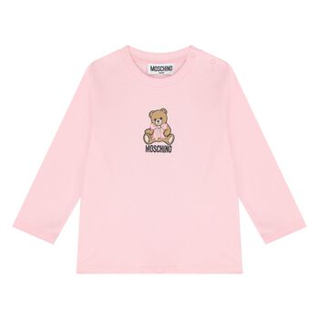Younger Girls Pink Teddy Bear Logo Long Sleeve Top