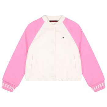 Girls Ivory & Pink Embellished Logo Bomber Jacket