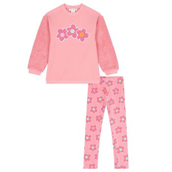 Girls Pink Floral & Fleece Leggings Set