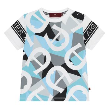 Younger Boys White & Blue Logo T-Shirt