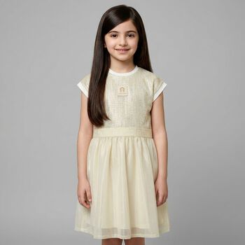 Girls Ivory & Gold Logo Dress
