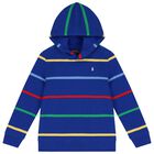 Boys Blue Logo Striped Hooded Top, 1, hi-res