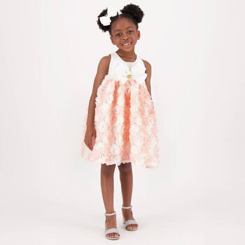 Girls Ivory & Pink Roses Tulle Dress