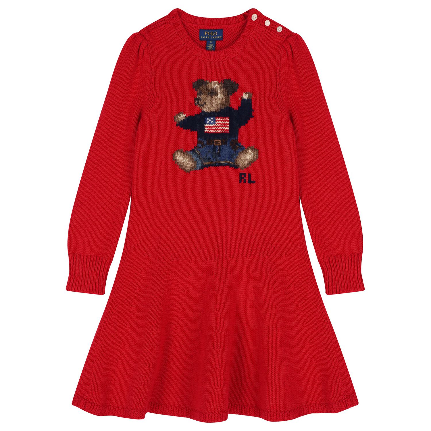 Girls Red Polo Bear Knitted Dress, 1, hi-res