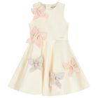 Girls Ivory Butterfly Satin Dress, 1, hi-res