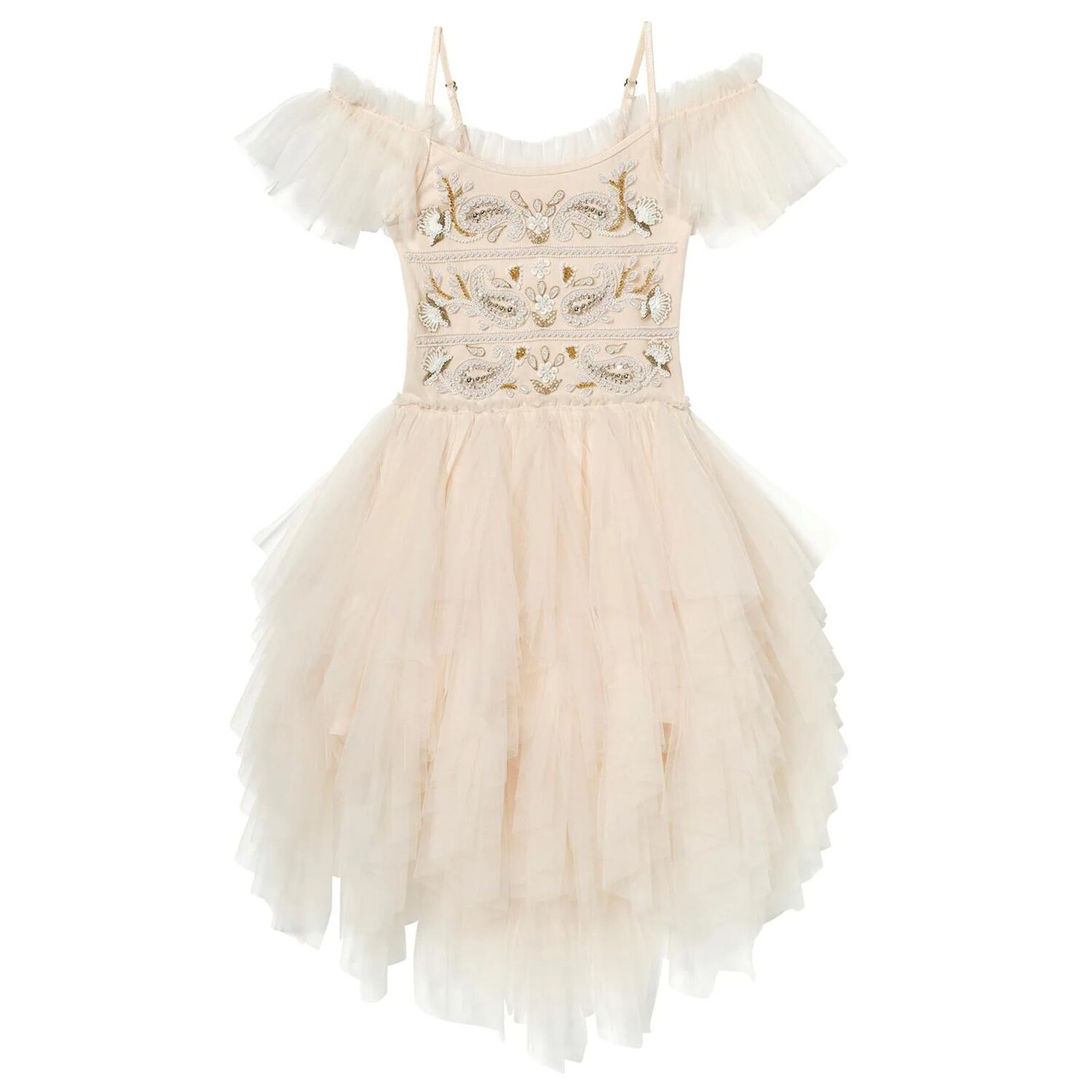 Girls Beige Embellished Tulle Dress, 1, hi-res