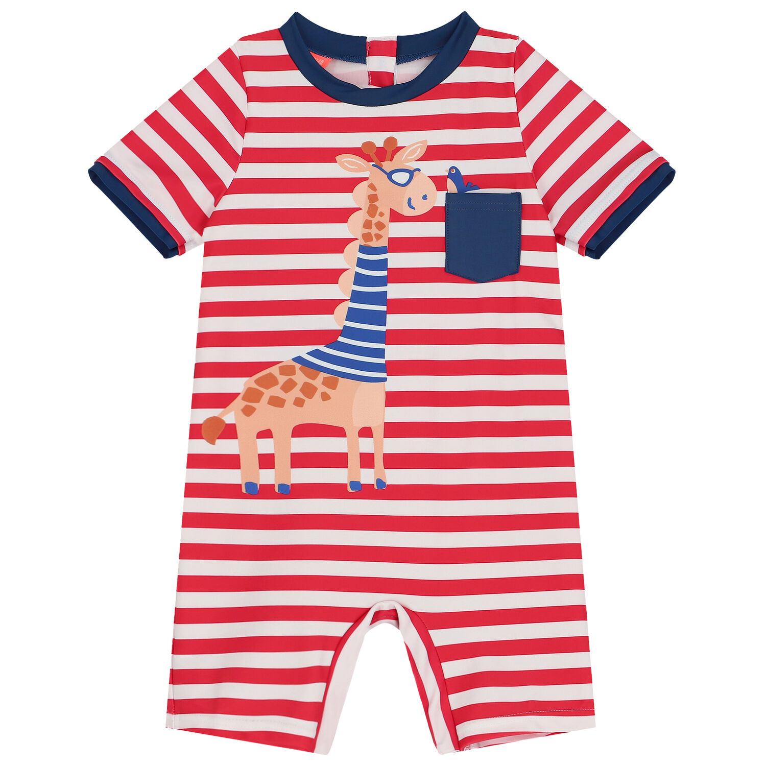 Baby Boys Red & White Giraffe Sun Suit, 1, hi-res