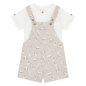 Younger Boys White & Beige Dungaree Set