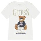 Girls White Cotton Bear Logo T-Shirt, 2, hi-res