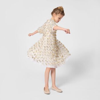 Girls Beige Sequin Fringe Mesh Dress