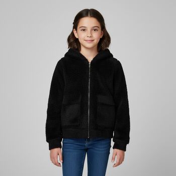 Girls Black Fluffy Knit Hooded Zip Up Top