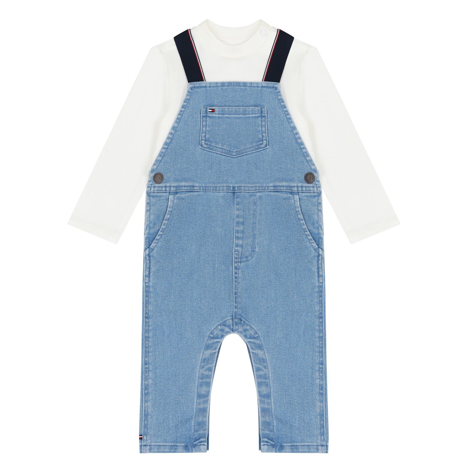 Baby Boys White & Blue Dungaree Set, 1, hi-res