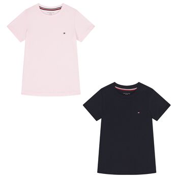 Girls Pink & Navy Blue Cotton Logo T-Shirts ( 2-Pack )