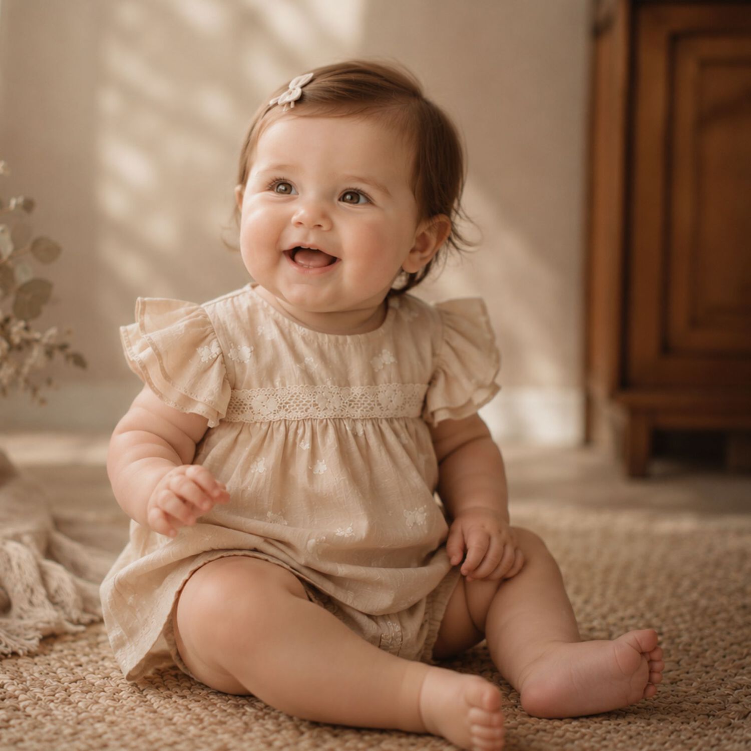 Baby Girls Beige Embroidered Floral Dress Set, 1, hi-res