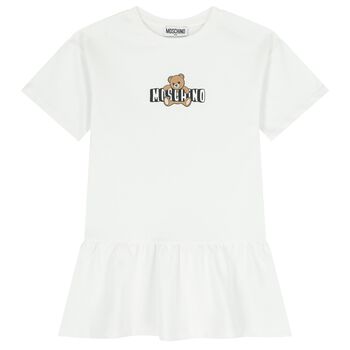 Girls White Teddy Bear Logo Dress