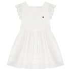 Girls White Logo Broderie Anglaise Dress, 1, hi-res