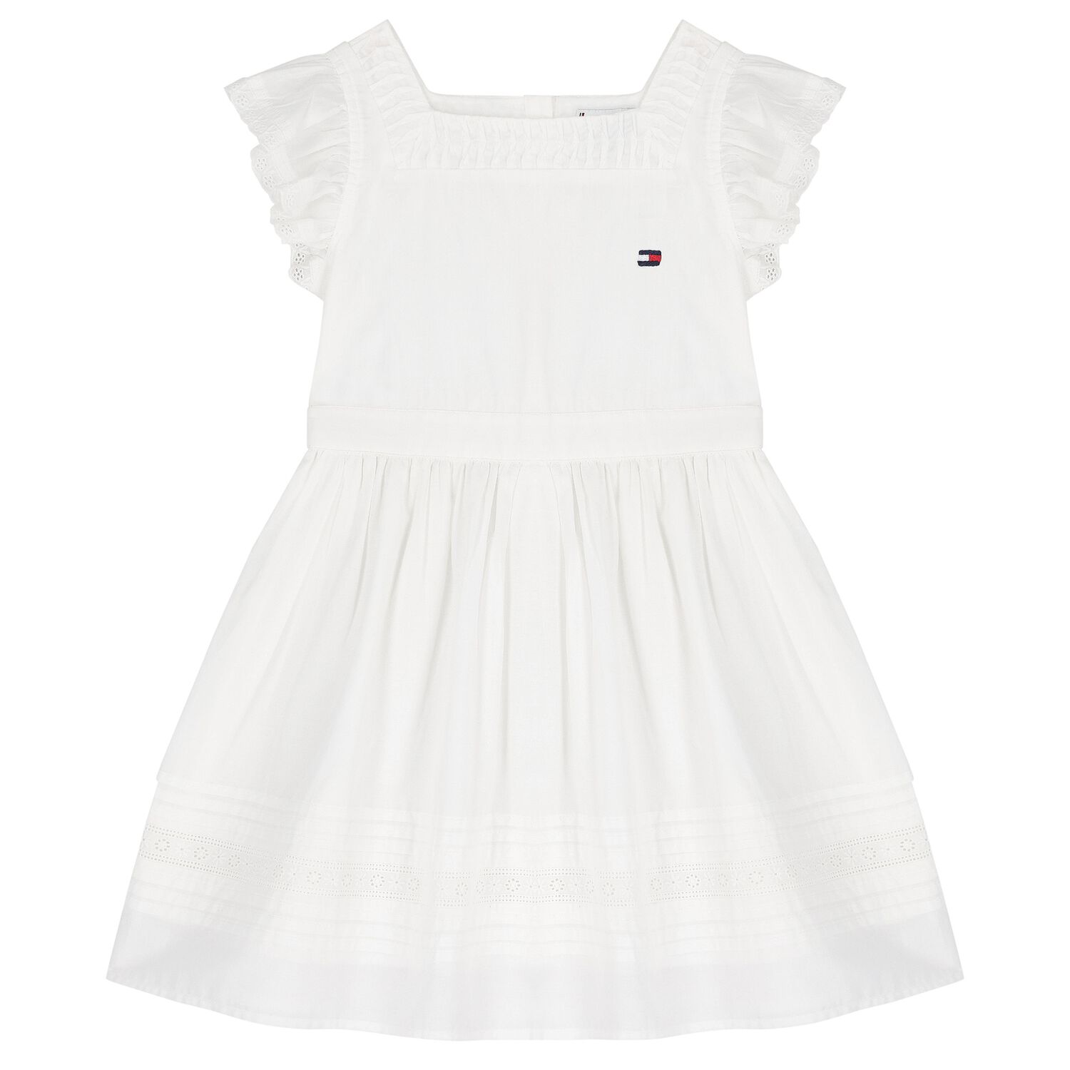 Girls White Logo Broderie Anglaise Dress, 1, hi-res