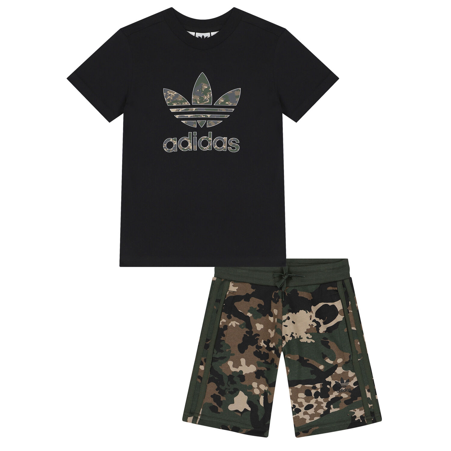 Black & Green Trefoil Logo Camouflage Shorts Set, 2, hi-res image number null