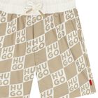 Boys Beige & White Check Logo Swim Shorts, 1, hi-res