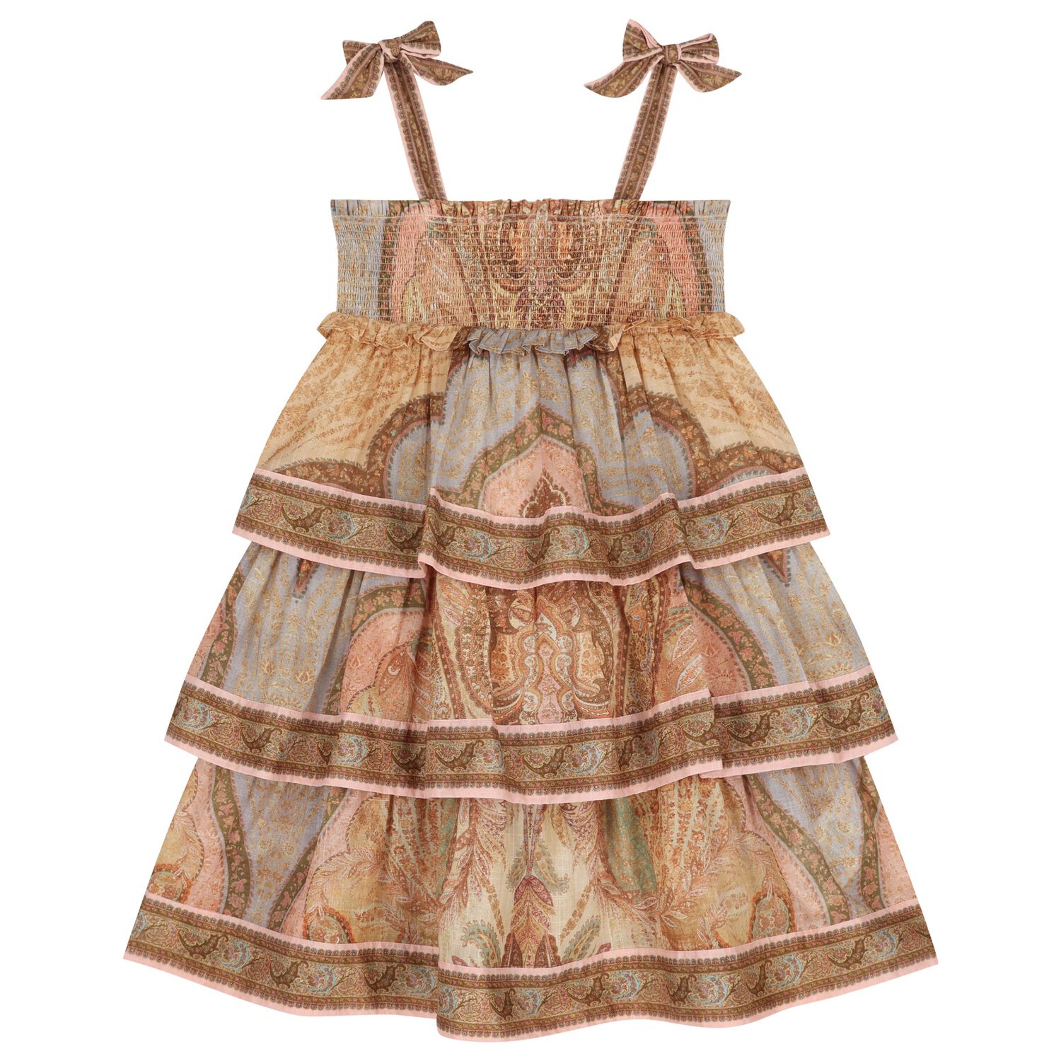 Girls Beige Paisley Tiered Ruffle Dress, 1, hi-res