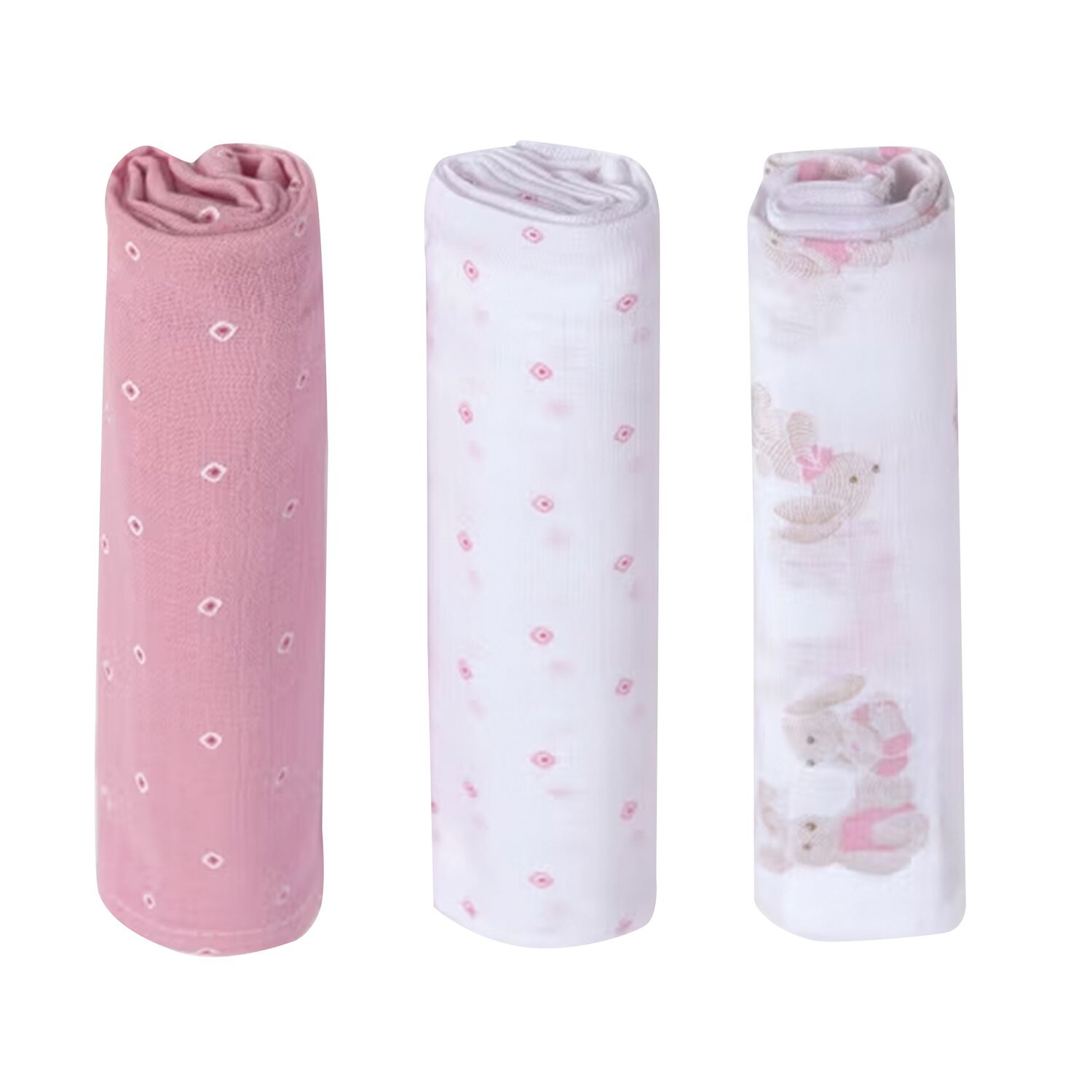 Baby Girls White & Pink Muslin Swaddles ( 3-Pack ), 2, hi-res