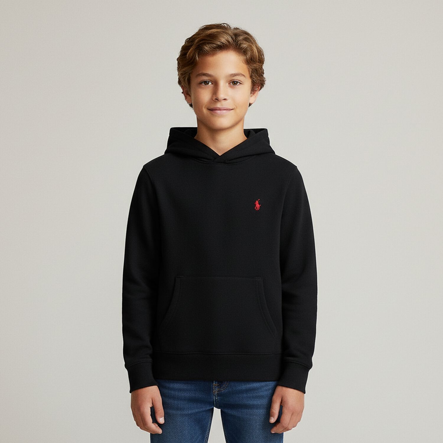 Boys Black Logo Hooded Top, 1, hi-res