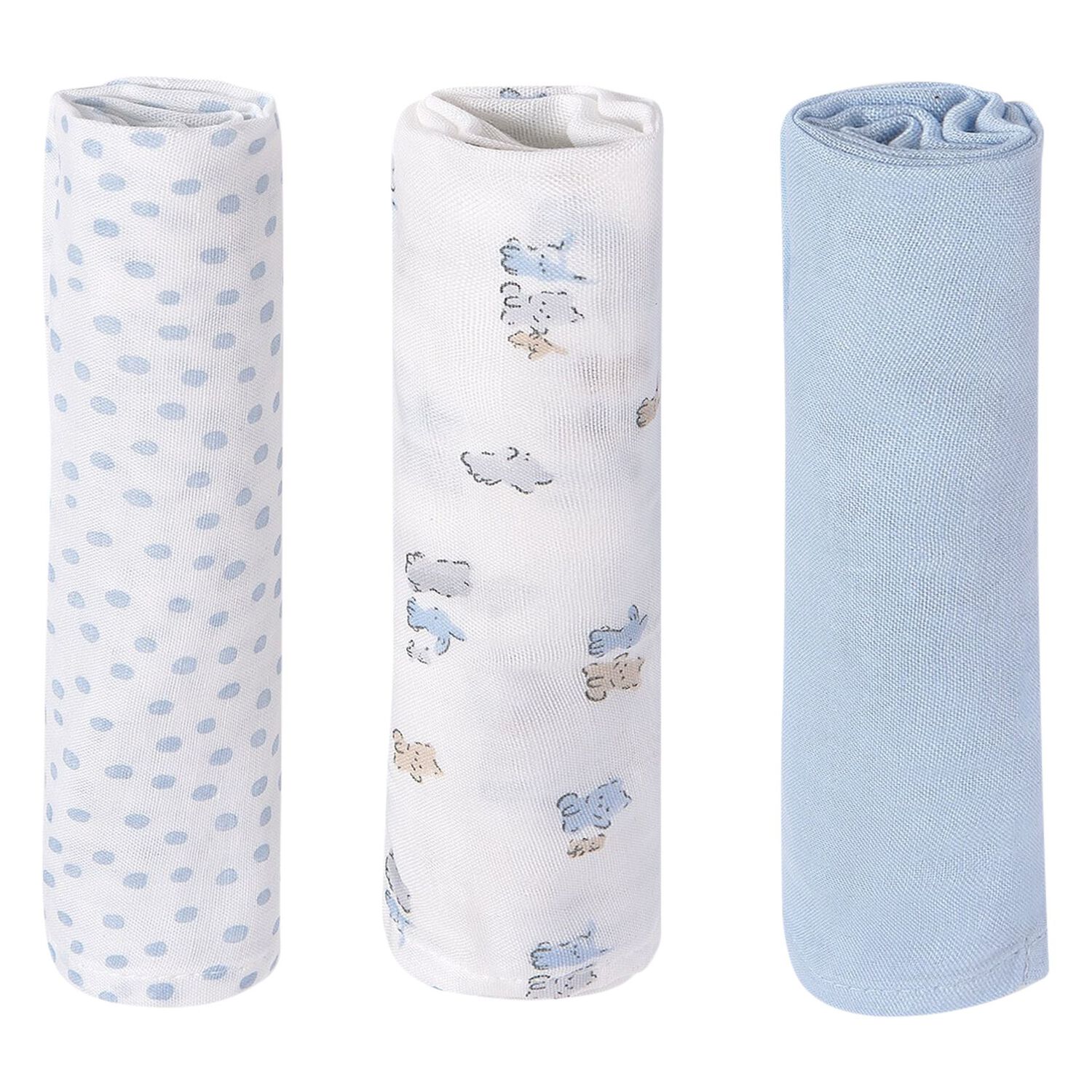 Baby Boys White & Blue Muslin Swaddles (3-Pack), 2, hi-res