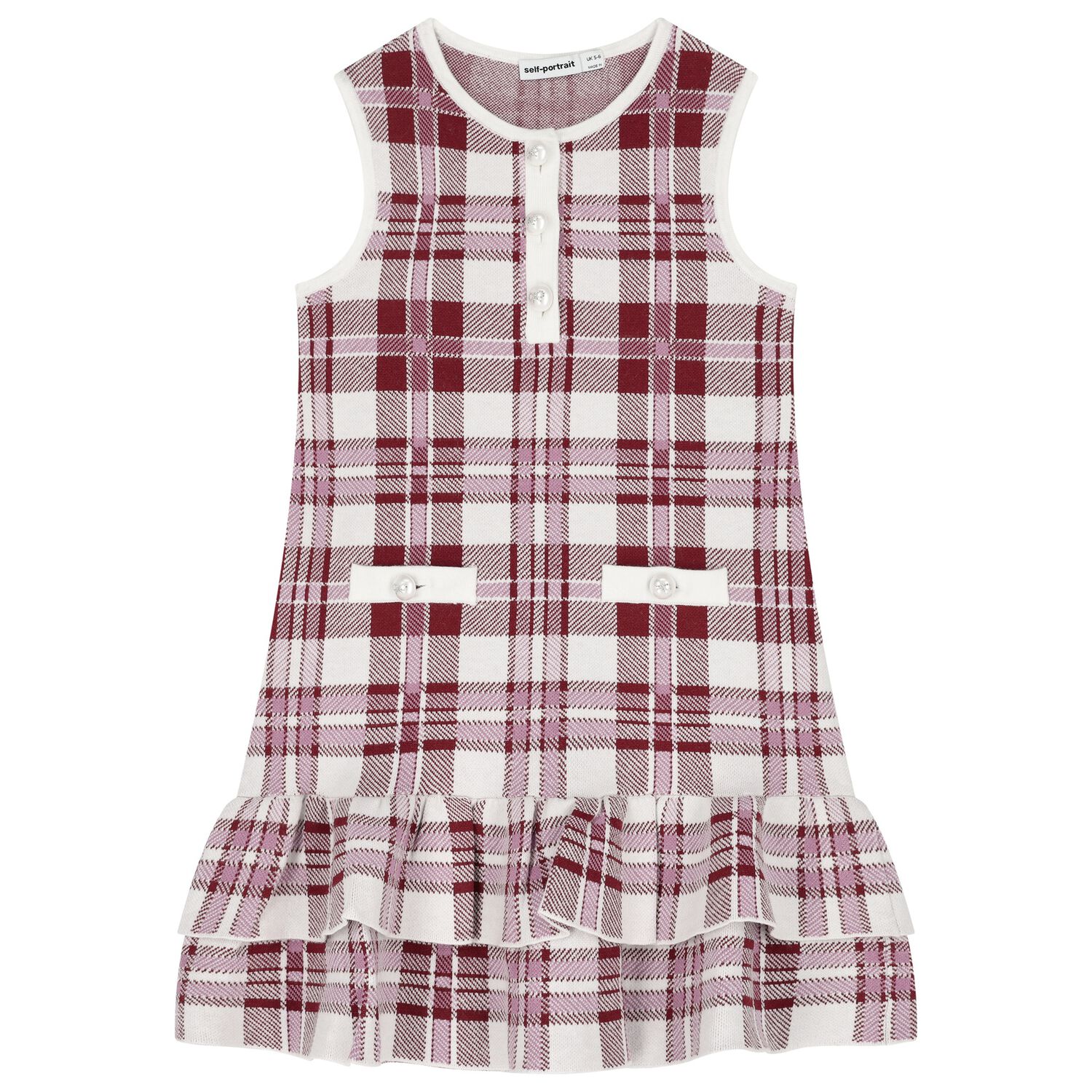 Girls White & Burgundy Red Check Knitted Dress, 1, hi-res image number null