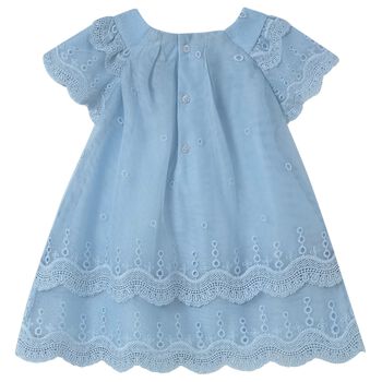Younger Girls Blue Embroidered Tulle Dress