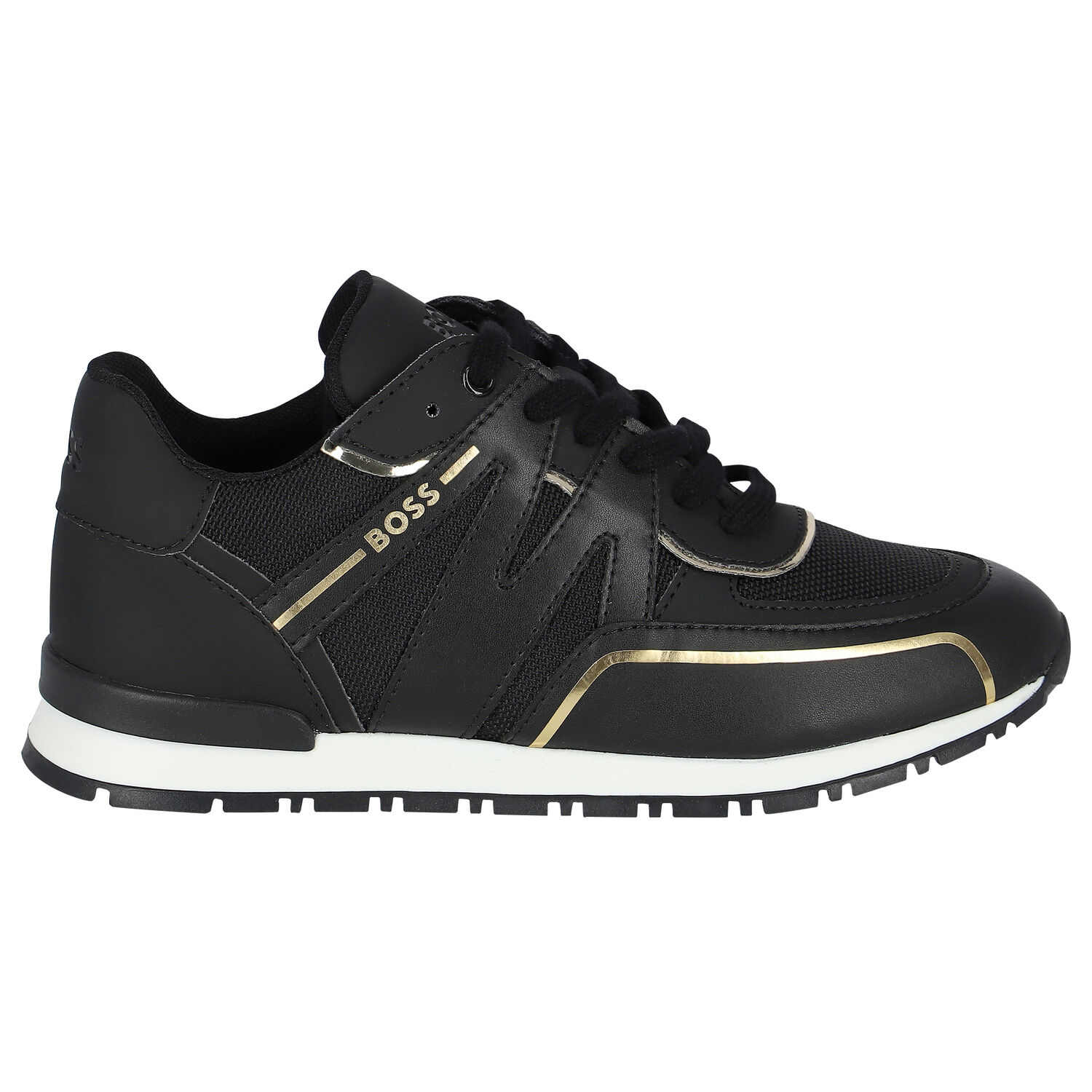 Boys Black & Gold Logo trainers, 1, hi-res