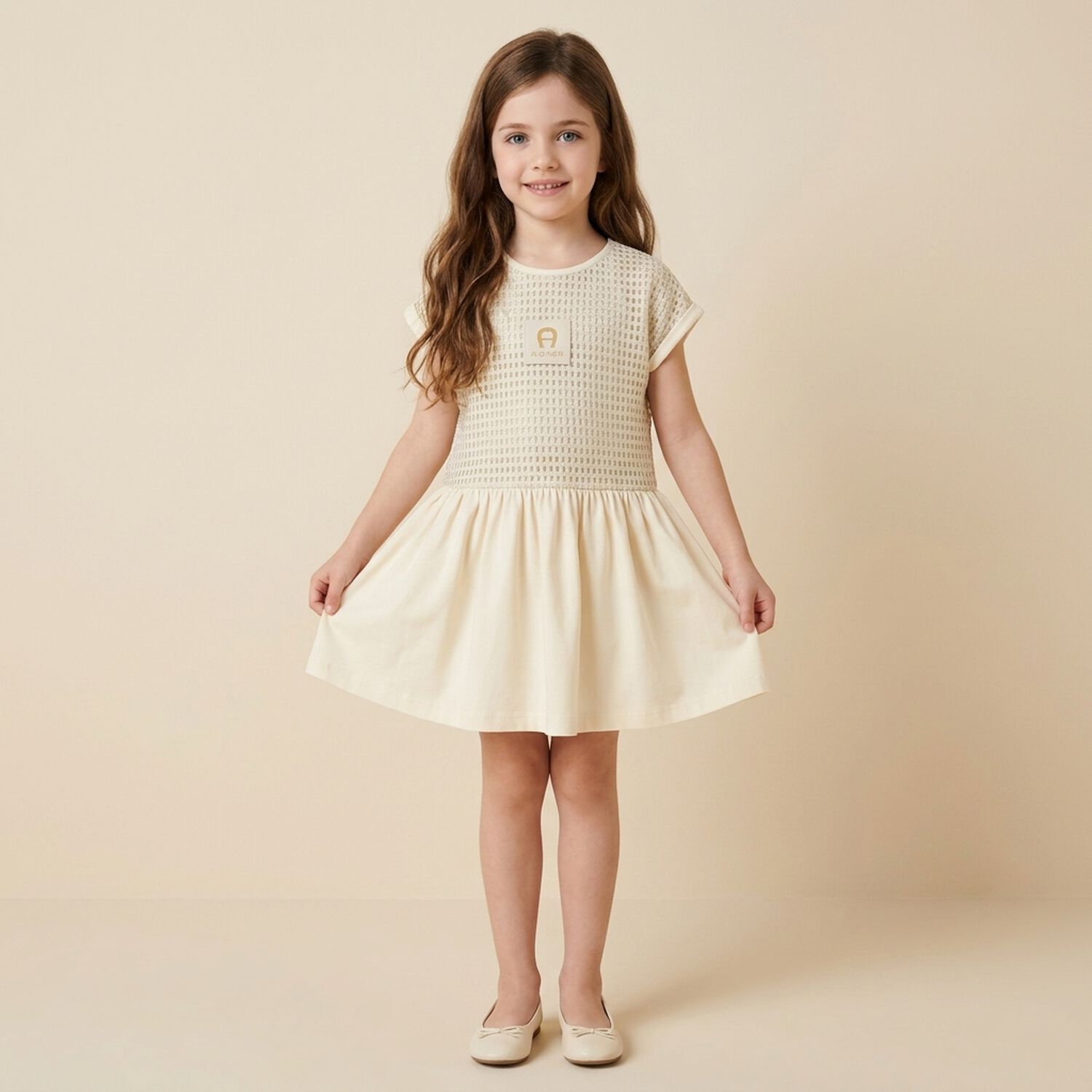 Younger Girls Ivory & Gold Logo Dress, 1, hi-res
